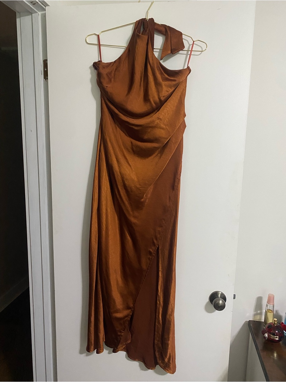 Satin Halter Burnt Orange Evening Dress